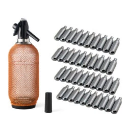 Glass Soda Siphon With Copper Mesh Starter Kit - 1 Liter Soda Siphon & 40 CO2 Chargers