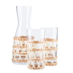 Amanda Lindroth Woven White Island Raffia Wrapped Carafe & Cooler Glass Set - 3 Pieces